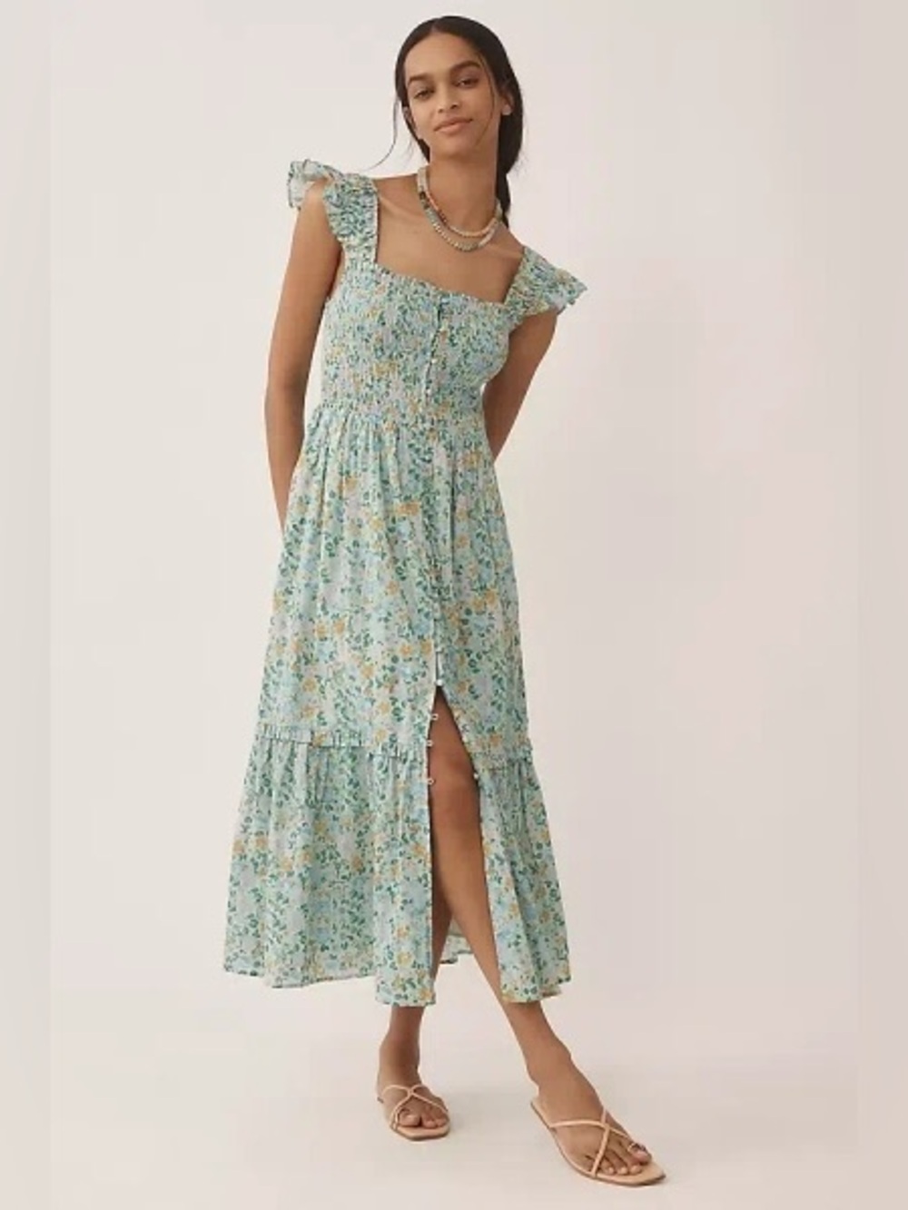 Anthropologie Peregrine Square Neck Smocked Ruffle Midi Dress Blue 2x